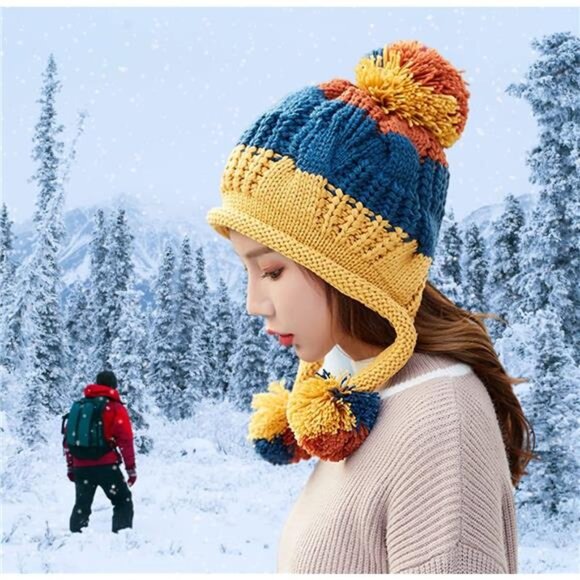 Women Winter Beanie Hat Peruvian Ear Flap Fleece Knit Ski Snow Hat 3 Pom Pom - Picture 6 of 7